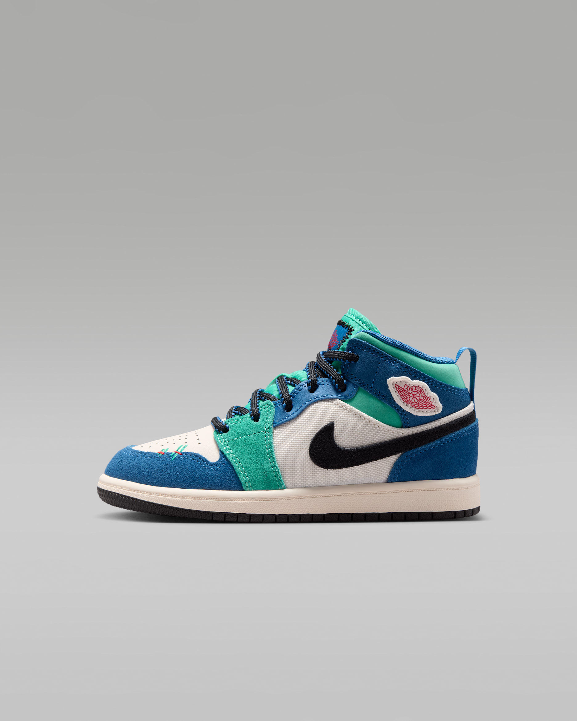 Jordan 1 Mid SE — Chalk/True Blue/Kinetic Green/University Red