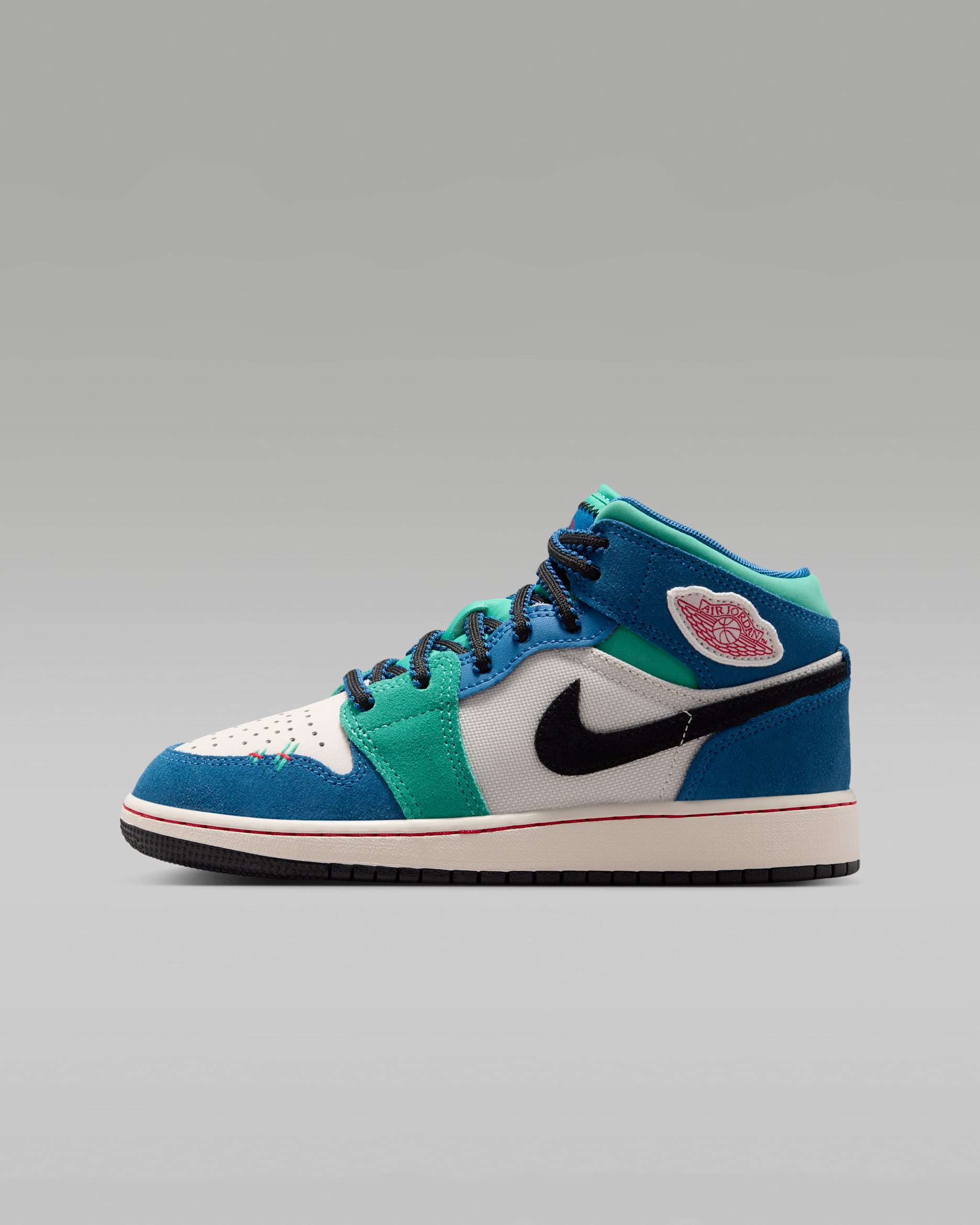 Air Jordan 1 Mid SE — Chalk/True Blue/Kinetic Green/University Red
